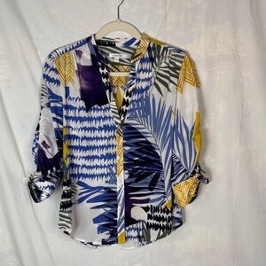 Chico's Multicolor Tropical Leaf Button-Up Blouse - Blue, Yellow, Green, Purple